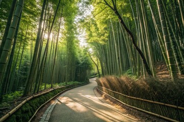 Fototapeta premium Aerial drone captures a vibrant Asian jungle, showcasing a PilPath hiking trail through bamboo.