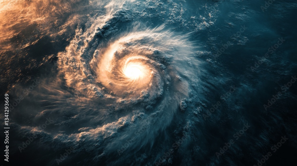 Poster a powerful cyclone forming over the ocean, with dark storm clouds swirling and violent winds ripping