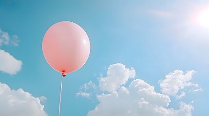 Obraz premium Vibrant red birthday balloon floating carefree in the peaceful bright blue sky filled with fluffy white clouds The balloon s ascension symbolizes joy happiness and a sense of freedom and imagination