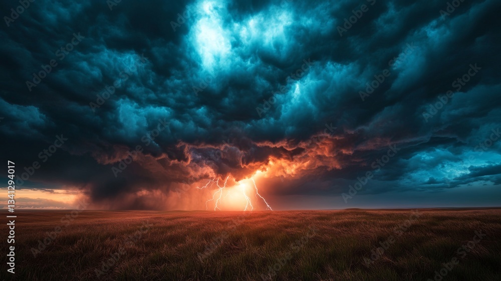 Poster A powerful storm with dark, swirling clouds and flashes of lightning striking the horizon over an empty field.