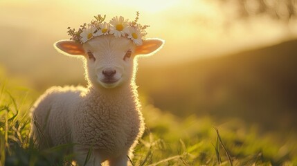 A small lamb with a flower crown, standing on a grassy hillside with the warmth of spring sunlight above pic