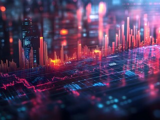 Futuristic cityscape skyline data visualization with vibrant red and blue digital graphs and glowing skyscrapers rising from a technological circuit