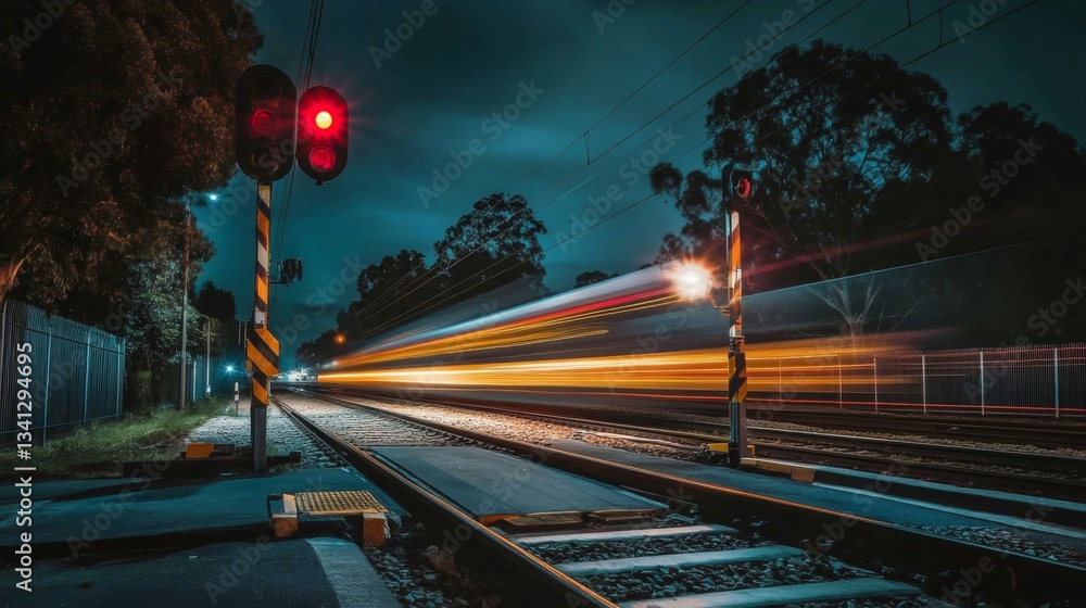 Poster a railway crossing with a train speeding past as the signal lights flash.