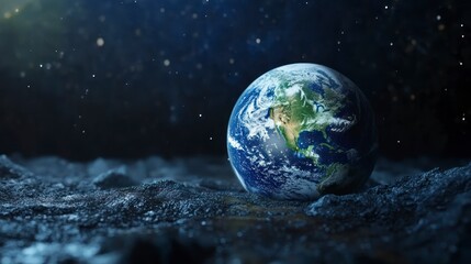 Earth on Lunar Surface Shining Among the Stars in Deep Space