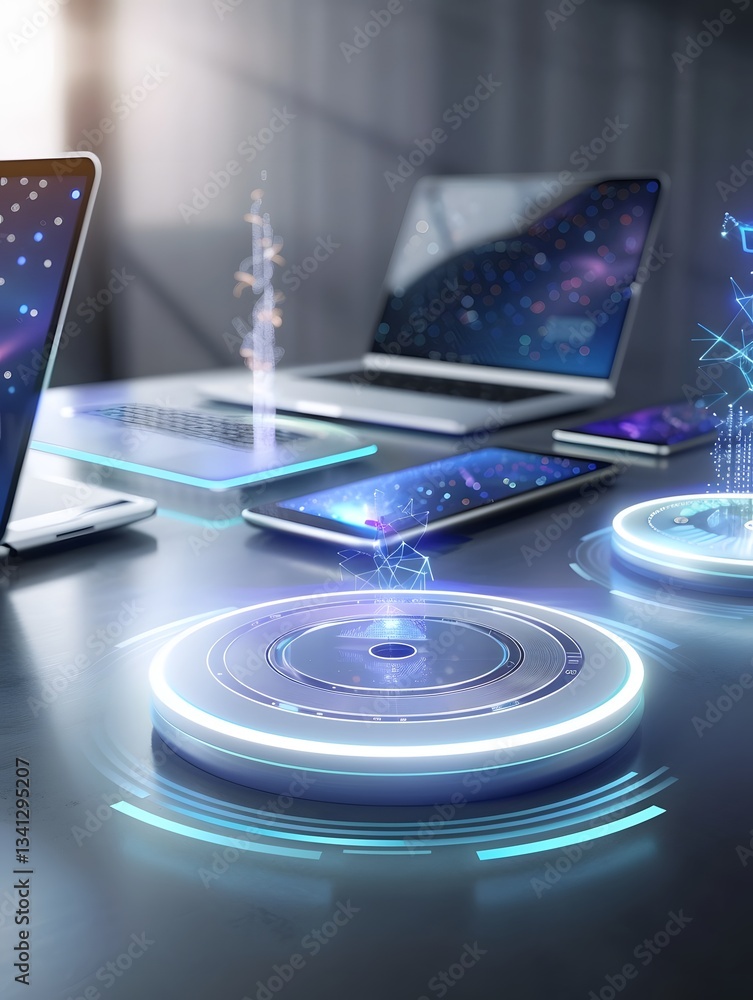 Aufkleber wireless charging pad with multiple devices and a futuristic energy transfer visualization featuring