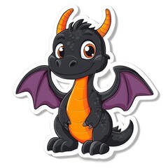 Obraz premium Cute Dragon Illustration: A charming cartoon dragon with a friendly smile, featuring large eyes, small horns, and colorful wings, designed with a sticker-like effect. 