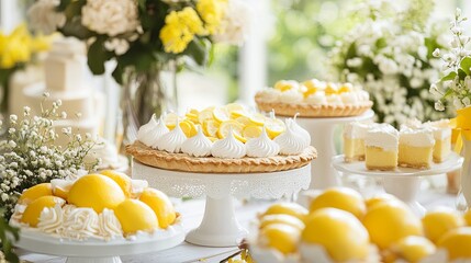 A spring-themed dessert table featuring lemon meringue pies and fresh fruit pic