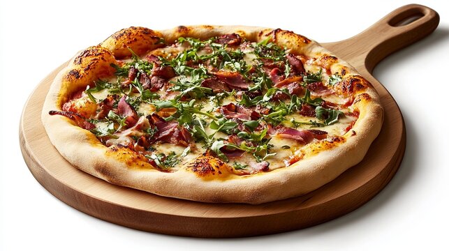 A delicious freshly baked pizza with various toppings and fresh herbs pic