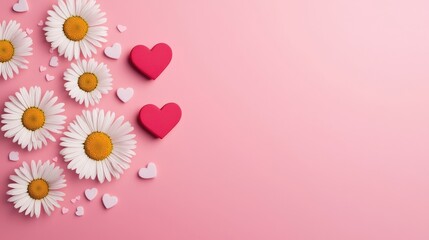 Obraz premium Colorful daisies and hearts scattered around a golden gender icon on a pink background