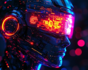 An abstract robot portrait in pixel art style, intricate glowing circuitry, vibrant neon colors,...