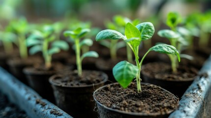 A row of fresh green seedlings growing in biodegradable pots, ready for transplantation.