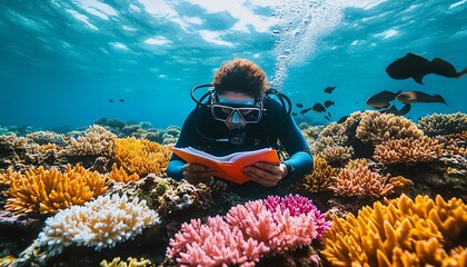 An underwater scene with a marine biologist studying coral species, surrounded by rich marine life,...