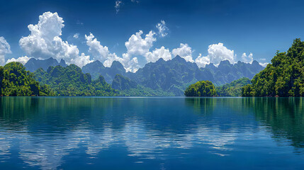 Naklejka premium Tranquil Lake Landscape: A stunning panoramic view of a serene lake with crystal-clear turquoise water reflecting the sky, mountains, and lush greenery under a beautiful blue sky with puffy clouds.