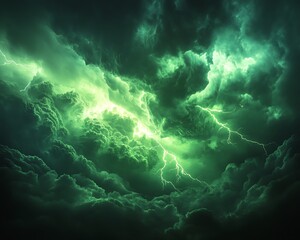 Vivid green lightning crackling through ominous clouds during a powerful thunderstorm, showcasing its rare and extraordinary hue in a mesmerizing atmospheric phenomenon