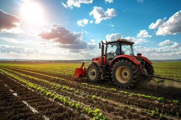 Obraz premium Farmer in tractor preparing land with seedbed cultivator as part of pre seeding activities. Neural network ai generated