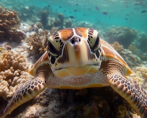 Fototapeta premium A closeup of a sea turtle swimming through thriving coral reefs, with vibrant fish and clear waters, symbolizing the successful conservation of the Great Barrier Reef