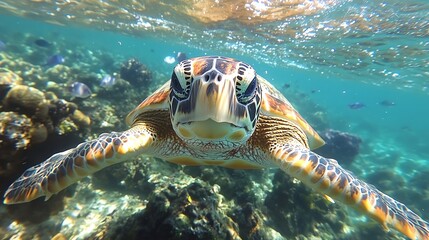 Obraz premium A closeup of a sea turtle swimming through thriving coral reefs, with vibrant fish and clear waters, symbolizing the successful conservation of the Great Barrier Reef