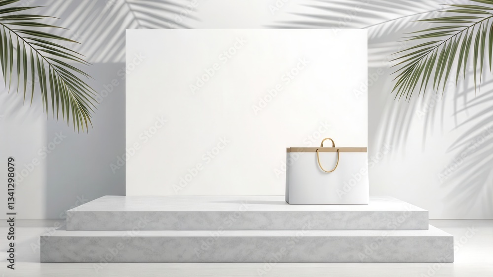 Poster minimalist display featuring a handbag and palm leaves on a neutral backdrop.