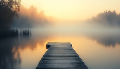 Fototapeta premium Dock on a quiet lake enveloped in early morning mist, soft golden light filtering through fog, peaceful environment, serene nature scene, photorealistic details, Midjourney v6