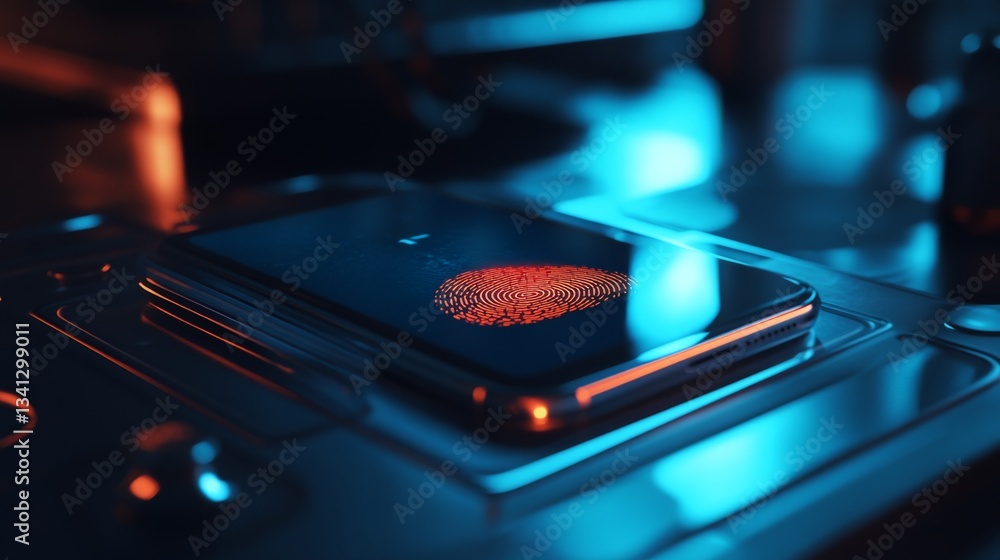 Poster a smartphone with a biometric security system scanning a fingerprint to unlock sensitive data.
