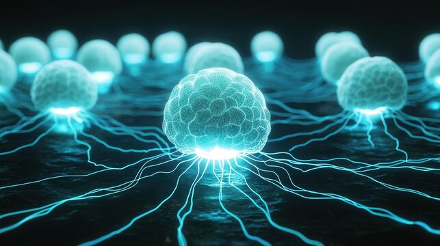 Illuminated network brains linked by glowing light trails symbolize AI. Ideal for tech, data science, deep learning, and neural network-related projects.