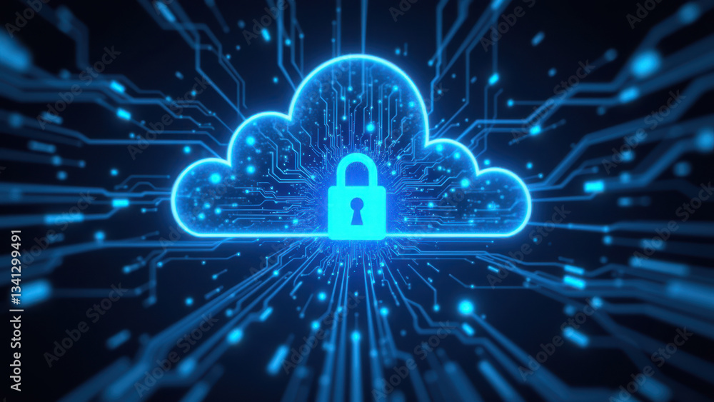 Poster cybersecurity concept with a lock symbol inside a cloud of digital data on blue background.