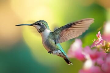 Hummingbird hovering near pink flowers with blurred background