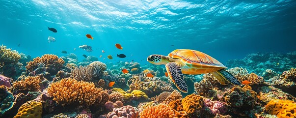 Obraz premium A peaceful coral reef scene with brightly colored corals, sea turtles, and tropical fish, capturing the mesmerizing beauty and harmony of underwater life