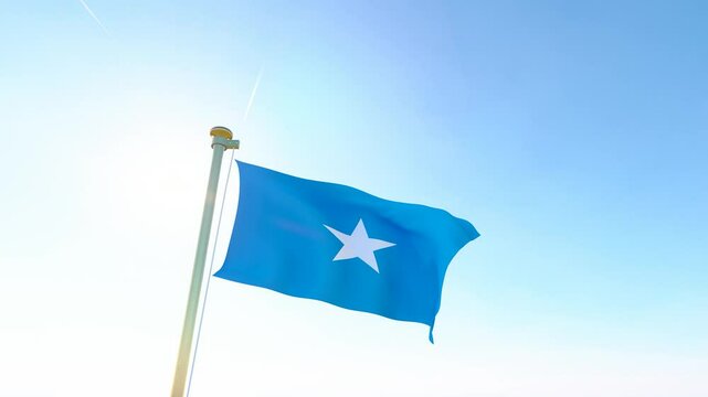 Flag of Somalia waving in the wind, sky and sun background. Somalia Video. 4K UHD. 
