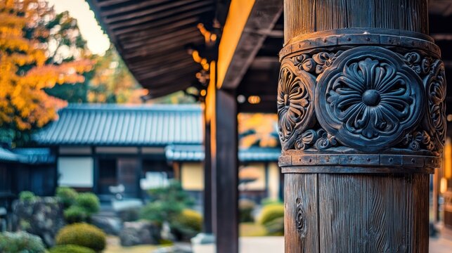 Ornate wooden pillar, Japanese temple, autumn foliage, tranquil garden