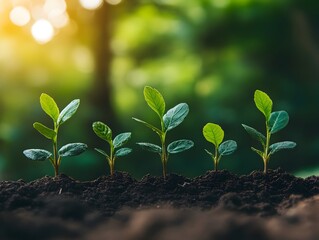 Fototapeta premium Five young green plants growing in rich dark soil represent growth progress and environmental sustainability in nature.