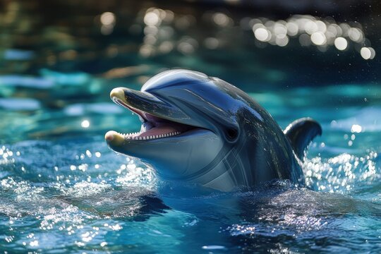 Dolphin smiling and showing teeth in blue water