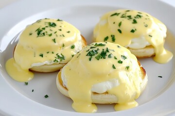 Delicious eggs benedict with hollandaise sauce and parsley topping on english muffins