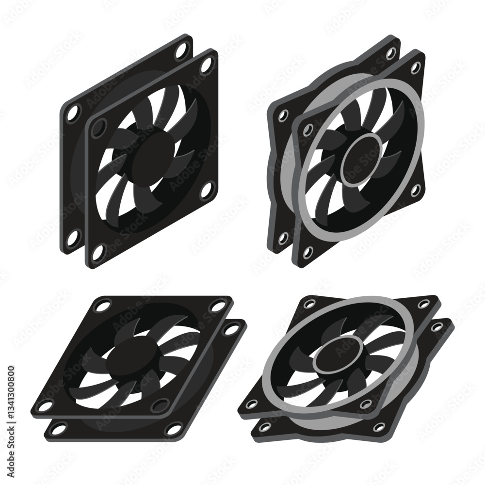 Aufkleber set of isometric computer fan. computer fan cooler. isometric of pc case fan. computer hardware comp