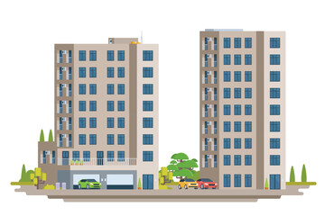 Apartment building vector illustration. Modern urban high-rise housing in flat design. Fully editable and isolated on white background
