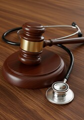 Medical malpractice lawsuit: gavel and stethoscope on wooden table