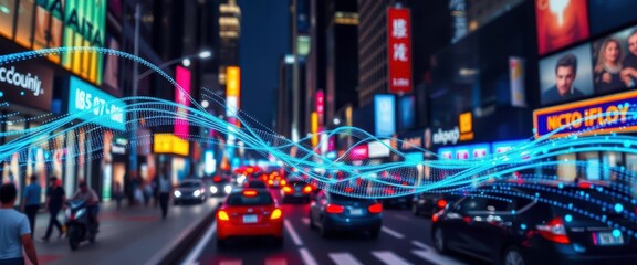 Abstract data streams flow over busy city street scene, structure, visual