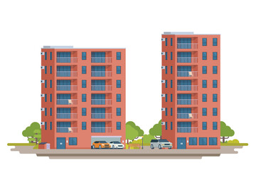 Apartment building vector illustration. Modern urban high-rise housing in flat design. Fully editable and isolated on white background