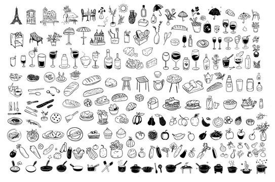 Pack d'ic&ocirc;nes dessin&eacute;es &agrave; la main - Cuisine fran&ccedil;aise