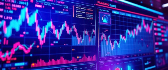 Abstract futuristic interface showing dynamic stock market data and charts, growth, graph