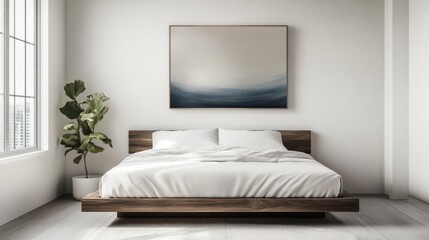 A stylish minimalist bedroom with a floating bed frame, clean white sheets, and a single abstract painting on the wall.