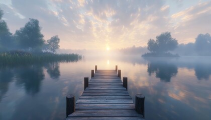 Fototapeta premium A wooden dock stretching into a calm lake