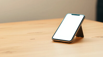 A mockup of a smartphone placed on wooden table