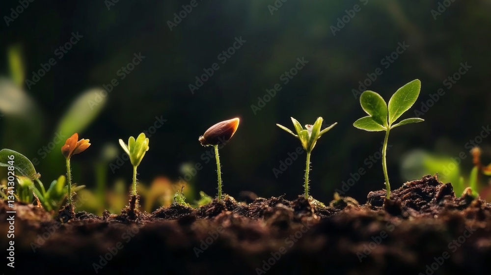 Poster a time-lapse concept of a seed sprouting into a small plant, with different growth stages in a row.
