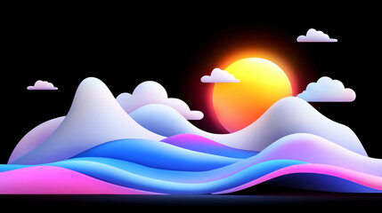 Dreamy Pastel Landscape with Neon Sunset and Mountains