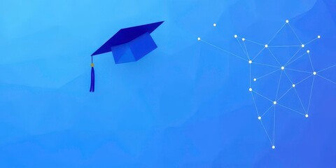 Abstract low-poly blue background with a polygonal graduation cap and connecting lines, abstract background, geometric