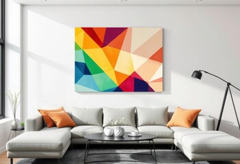 Abstract modern geometric canvas print mockup on living room wall, hanging, illustration