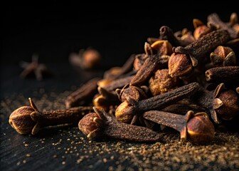 Fototapeta premium Dark background, close-up study of dry cloves; their spicy fragrance hints at a night-time still life.