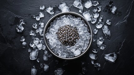 A tin of fresh sturgeon caviar surrounded by crushed ice, maintaining its freshness.