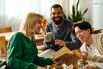 Young men enjoying lively discussions at a cozy book club gathering in a modern home